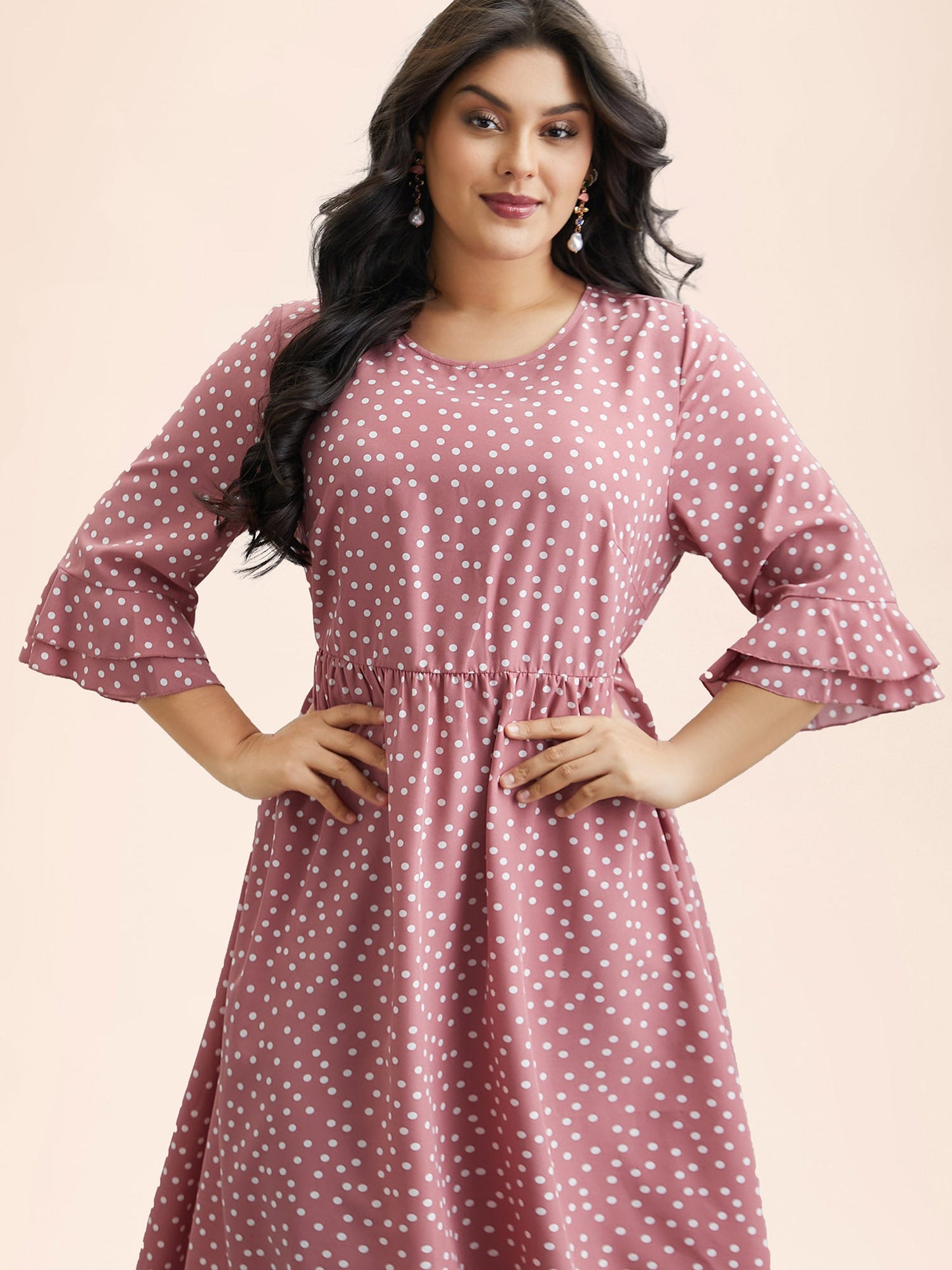 Polka Dot Print Tiered Ruffles Sleeve Midi Dress