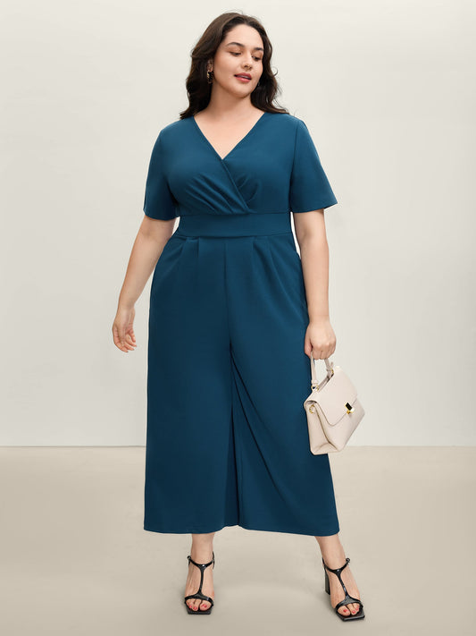 Shirred Waist Surplice Wide-Leg Jumpsuit
