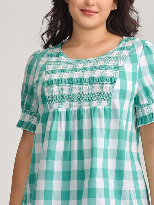 Cotton Plaid Print Shirred Neck Puffy Blouse