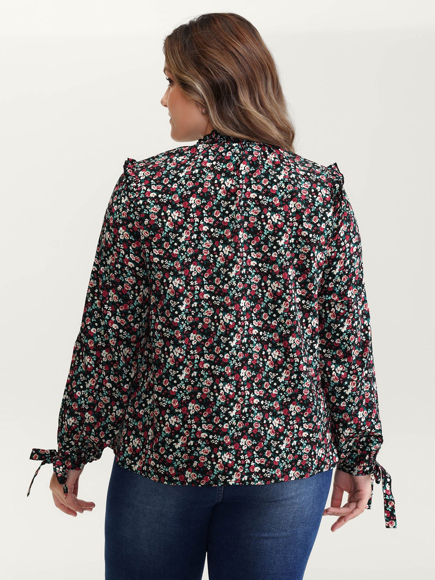 Floral Print Shirred Sleeve Tie Blouse