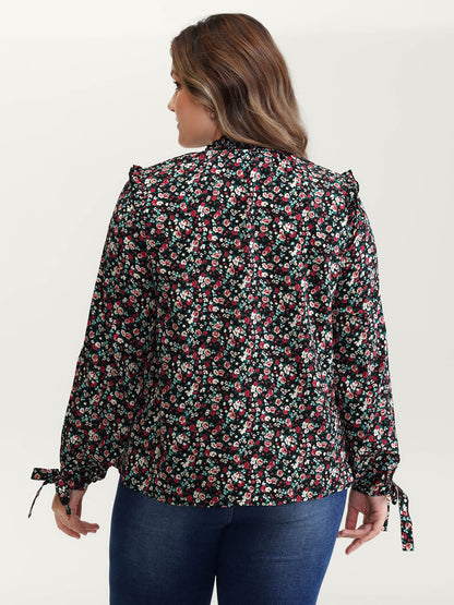Floral Print Shirred Sleeve Tie Blouse