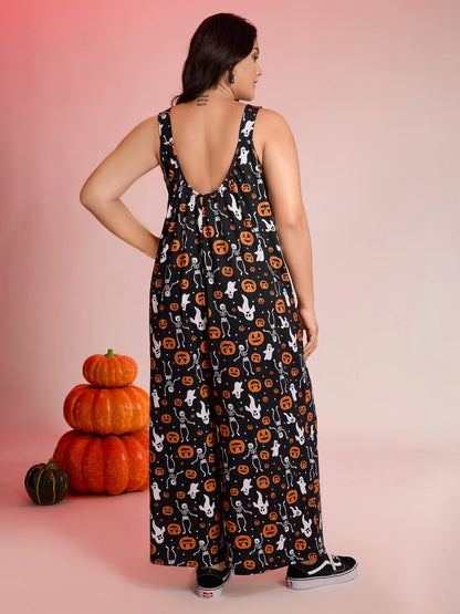 Halloween Skull Print Stretchy Wide-Leg Jumpsuit