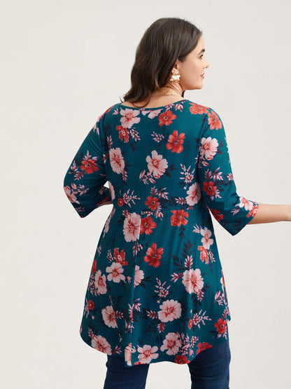 Floral Print Neck Cut-Out Babydoll Top