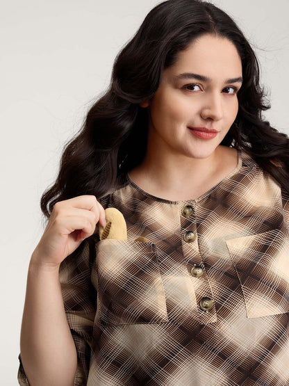 Plaid Half-Button Placket Semi-Sheer Blouse