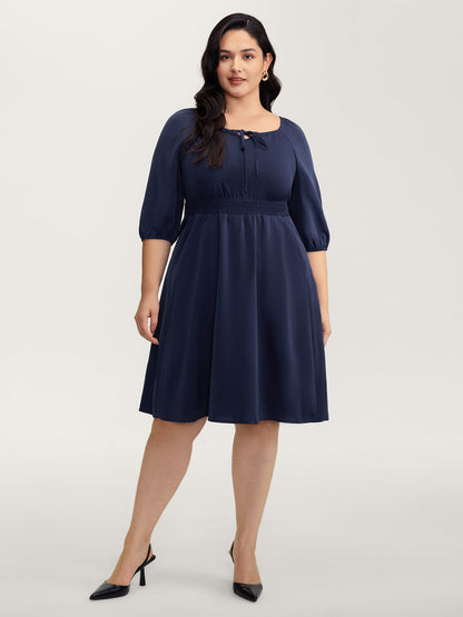 Neck-Tie Lantern Sleeve Shirred Midi Dress