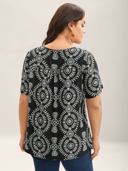 Boho Print Button Placket Blouse