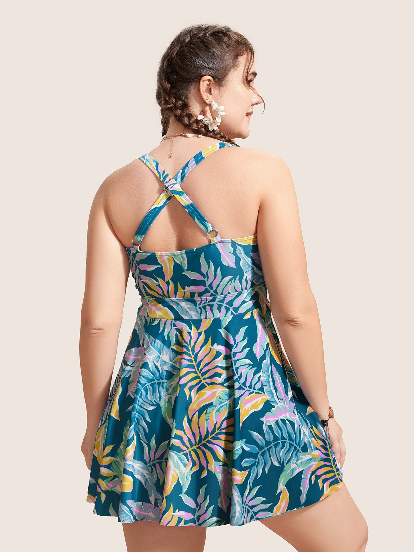 Heart Neckline Tropical Print Twist Front Swim Dress