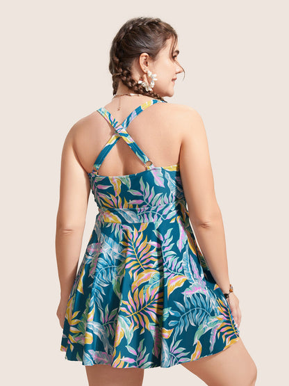 Heart Neckline Tropical Print Twist Front Swim Dress