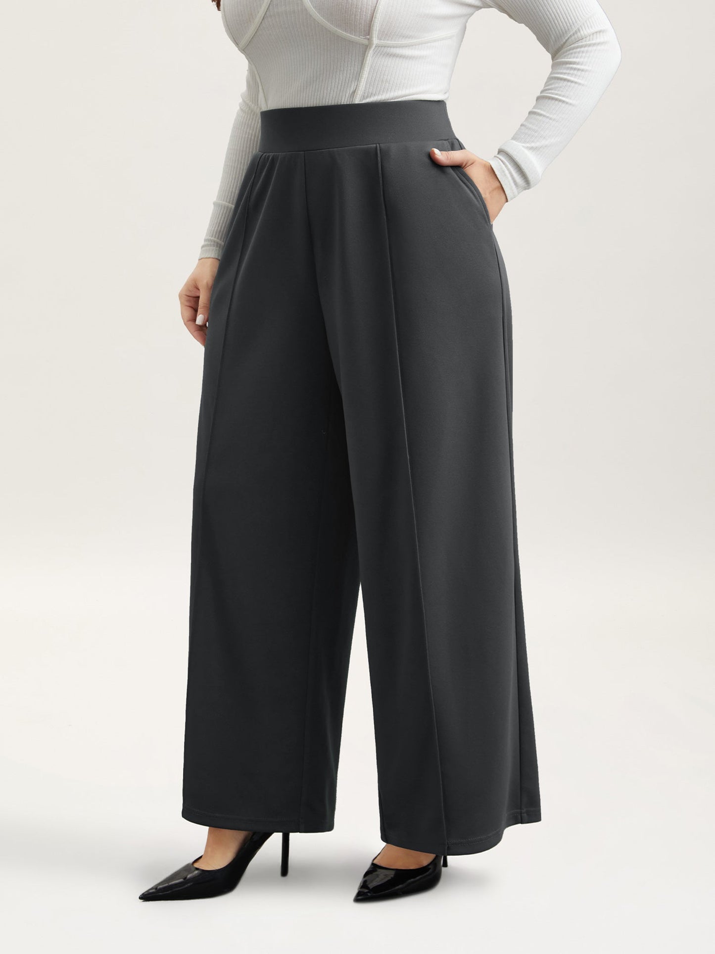 Ruched Tummy-Control Seamed Wide Leg Pants