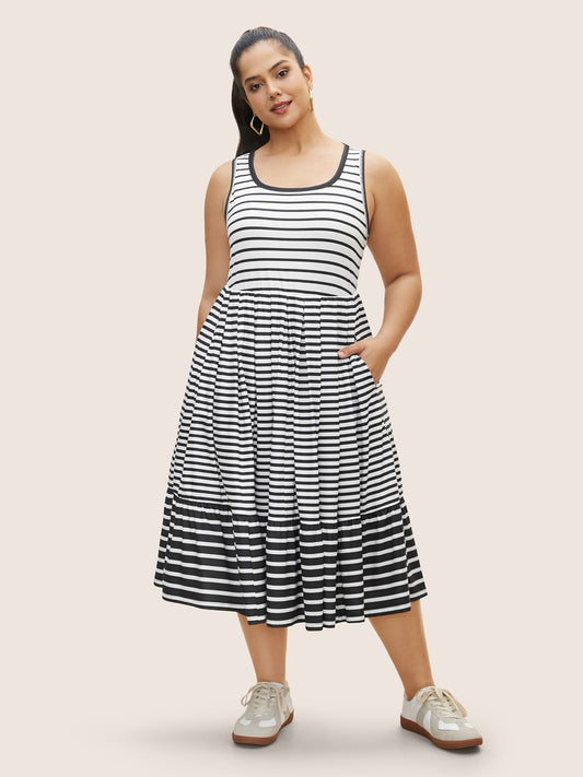 Striped Ruffle Layered Hem Tank Midi Dress