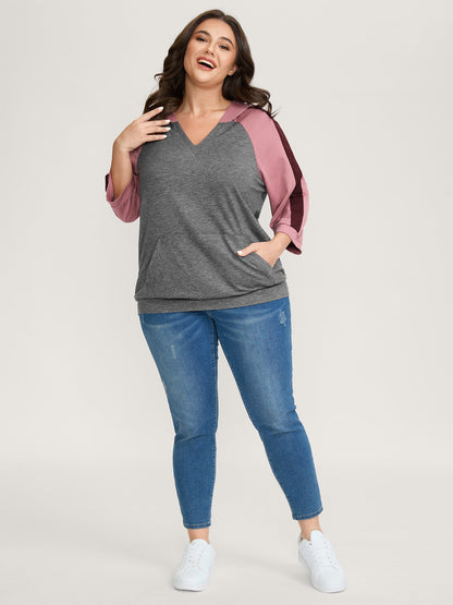 Color Contrast Spliced Stretchy Hem Hoodie