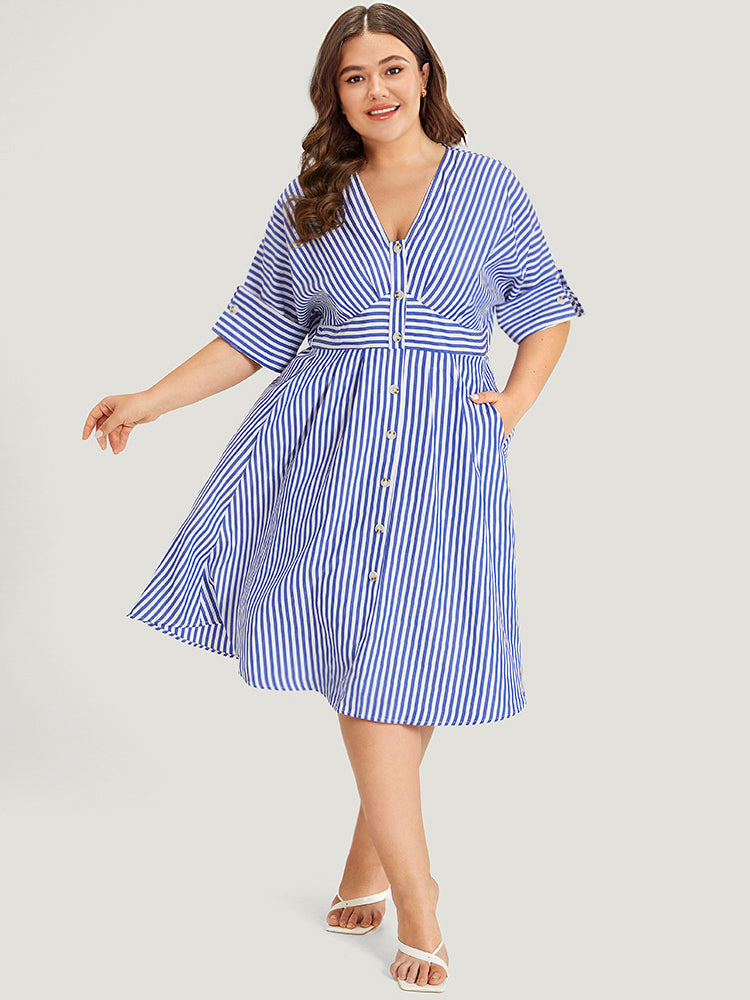 V Neck Striped Pocket Ruffle Hem Button Detail Dress