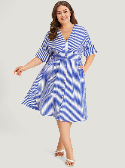 V Neck Striped Pocket Ruffle Hem Button Detail Dress