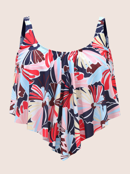 U Neck Contrast Floral Tiered Ruffles Swim Top