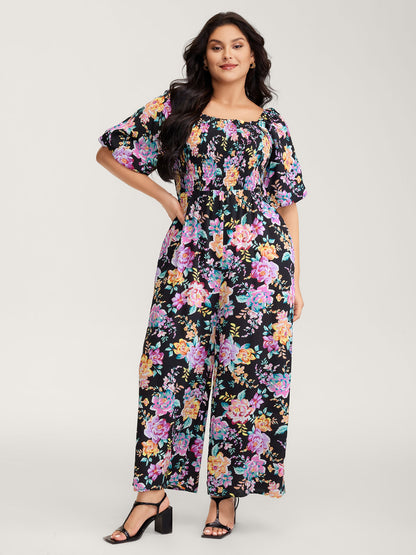 Floral Print Bust-Ease Shirred Jumpsuit