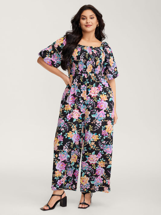 Floral Print Bust-Ease Shirred Jumpsuit