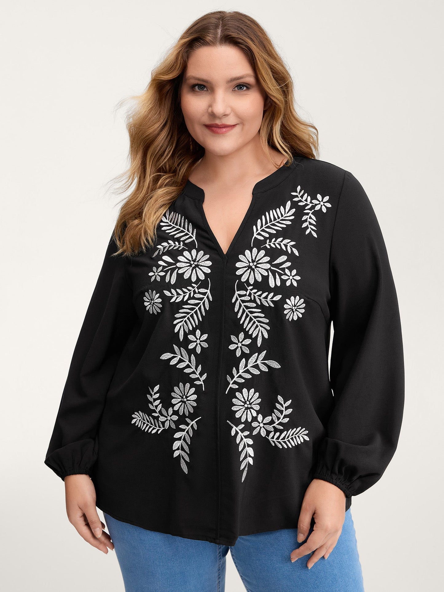 Floral Color Contrast Embroidery Blouse