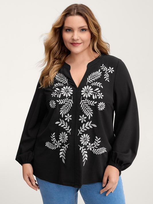 Floral Color Contrast Embroidery Blouse