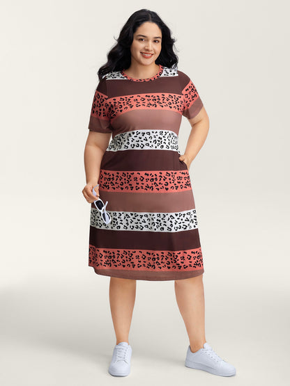 Color Contrast Leopard Print Relaxed Midi Dress