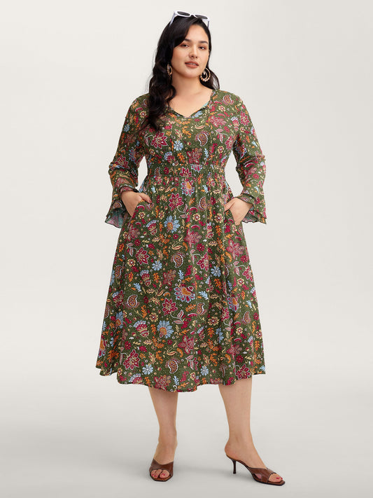 Floral Print Pleated Waist Maxi Dress