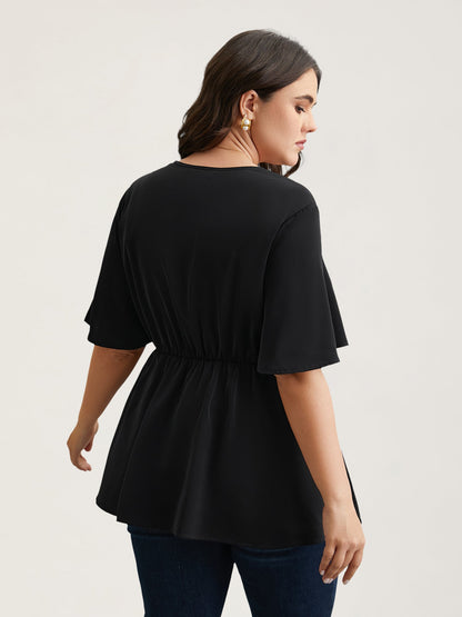 V-Neck Stretchy-Waist Button Flared Blouse