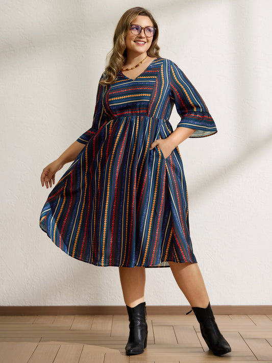 Colorful Stripes Stretchy Waist Midi Dress