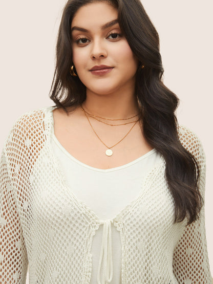Pointelle Knit Ties Lace Panel Bell Sleeve Cardigan