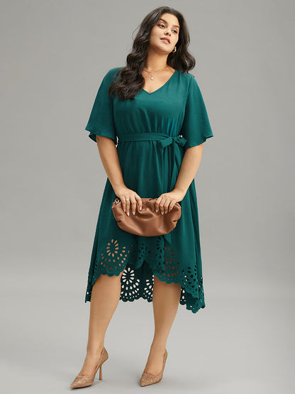 Plain Belted Laser Cut High Low Hem Dress