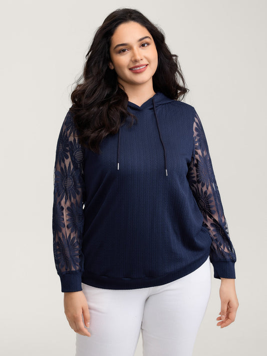 Sheer Lace Sleeve Textured Hoodie