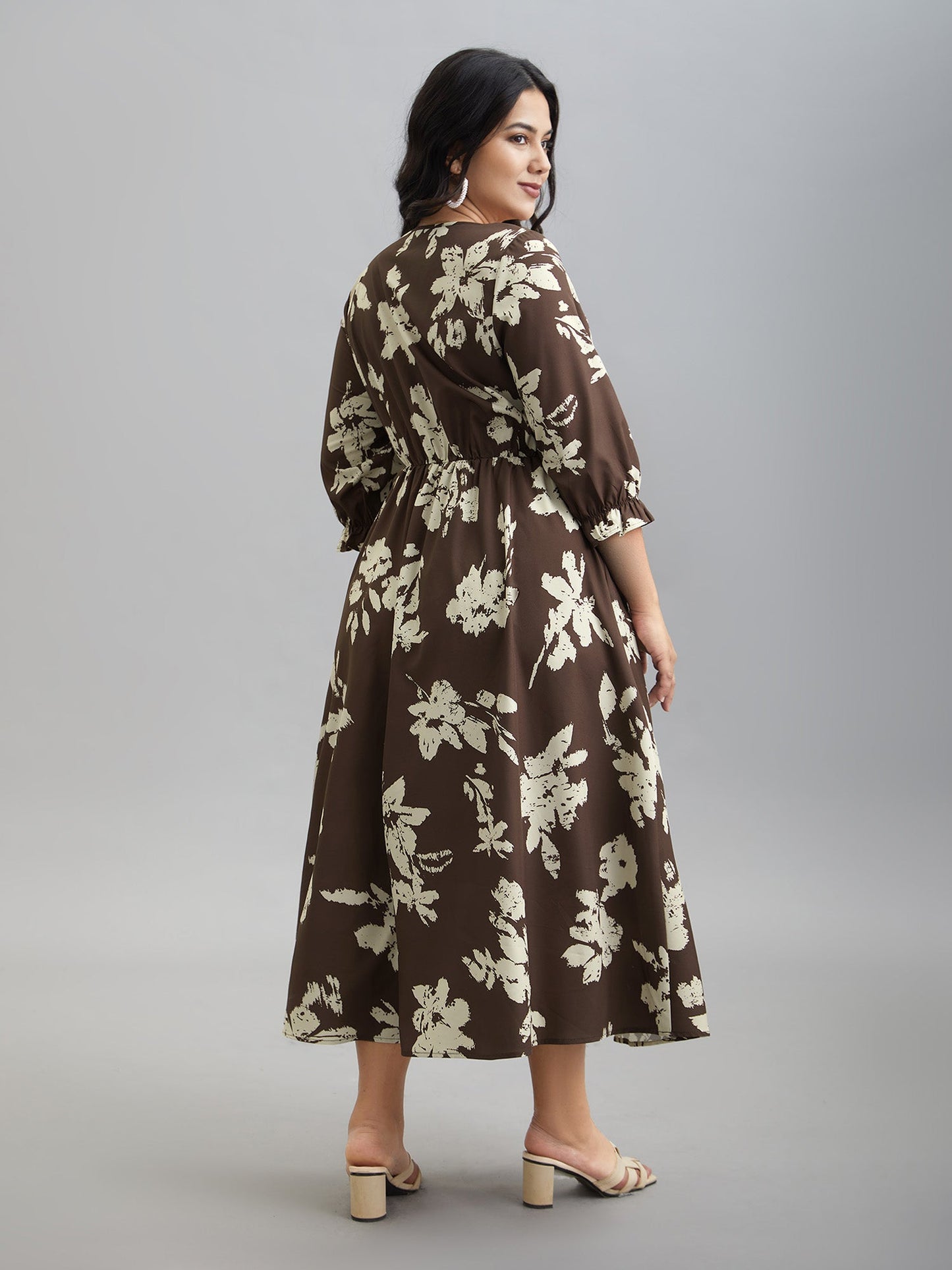 Leaf Print Square Neck Ruffled Shirred Midi Dress
