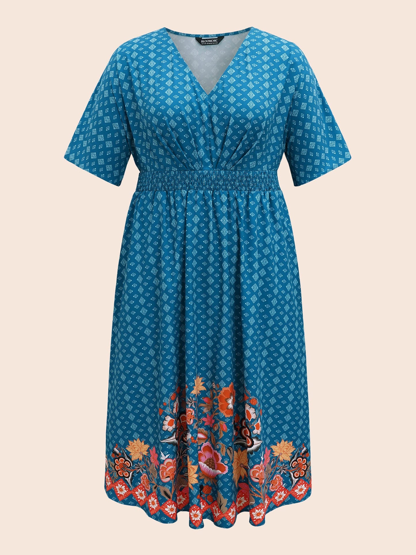 Boho Print Shirred Pleated Dolman Sleeve Dress