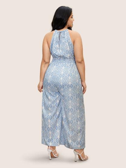 Halter Boho Print Shirred Gathered Jumpsuit