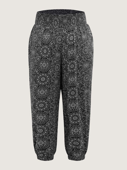 Geometric Print Shirred Waistband Pants