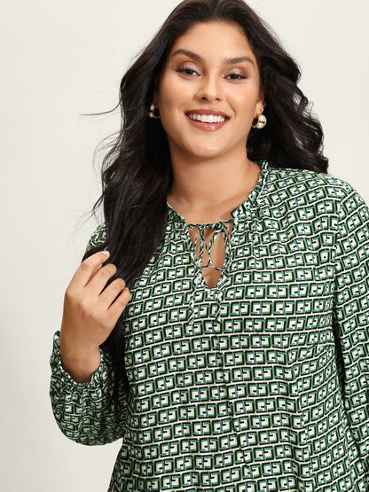 Geometric Print Neck-Tie Relaxed-Fit Blouse