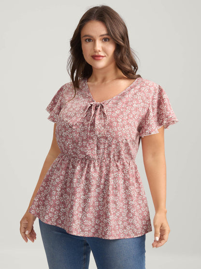 Ribbon Neck Floral Print Ruffled Blouse