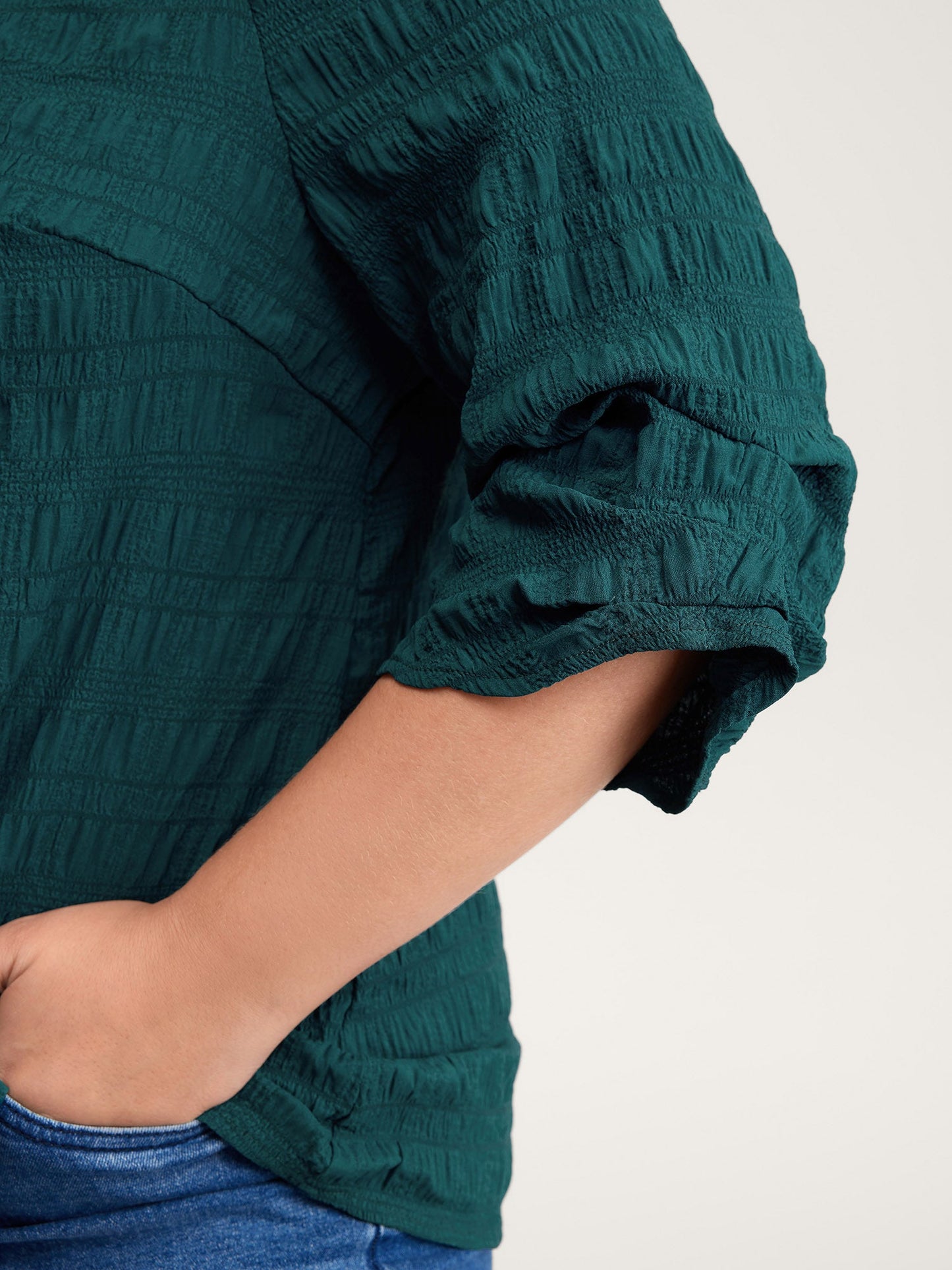 Textured Gathered Sleeve Solid Blouse