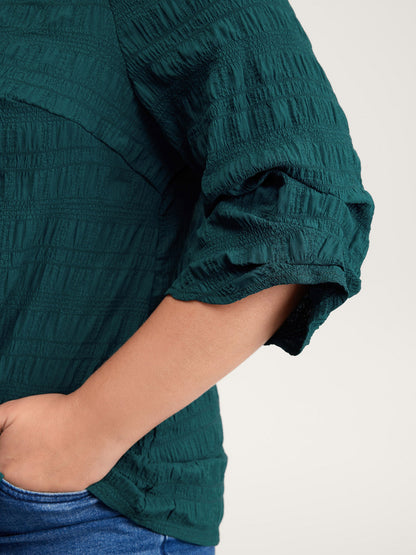Textured Gathered Sleeve Solid Blouse