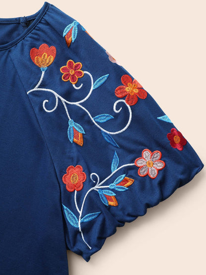 Floral Embroidered Lantern Sleeve T-shirt