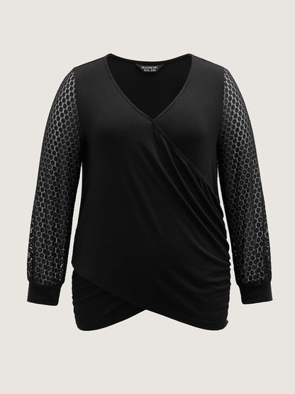 Crossover Draped Lace Sheer Sleeve Knit Top