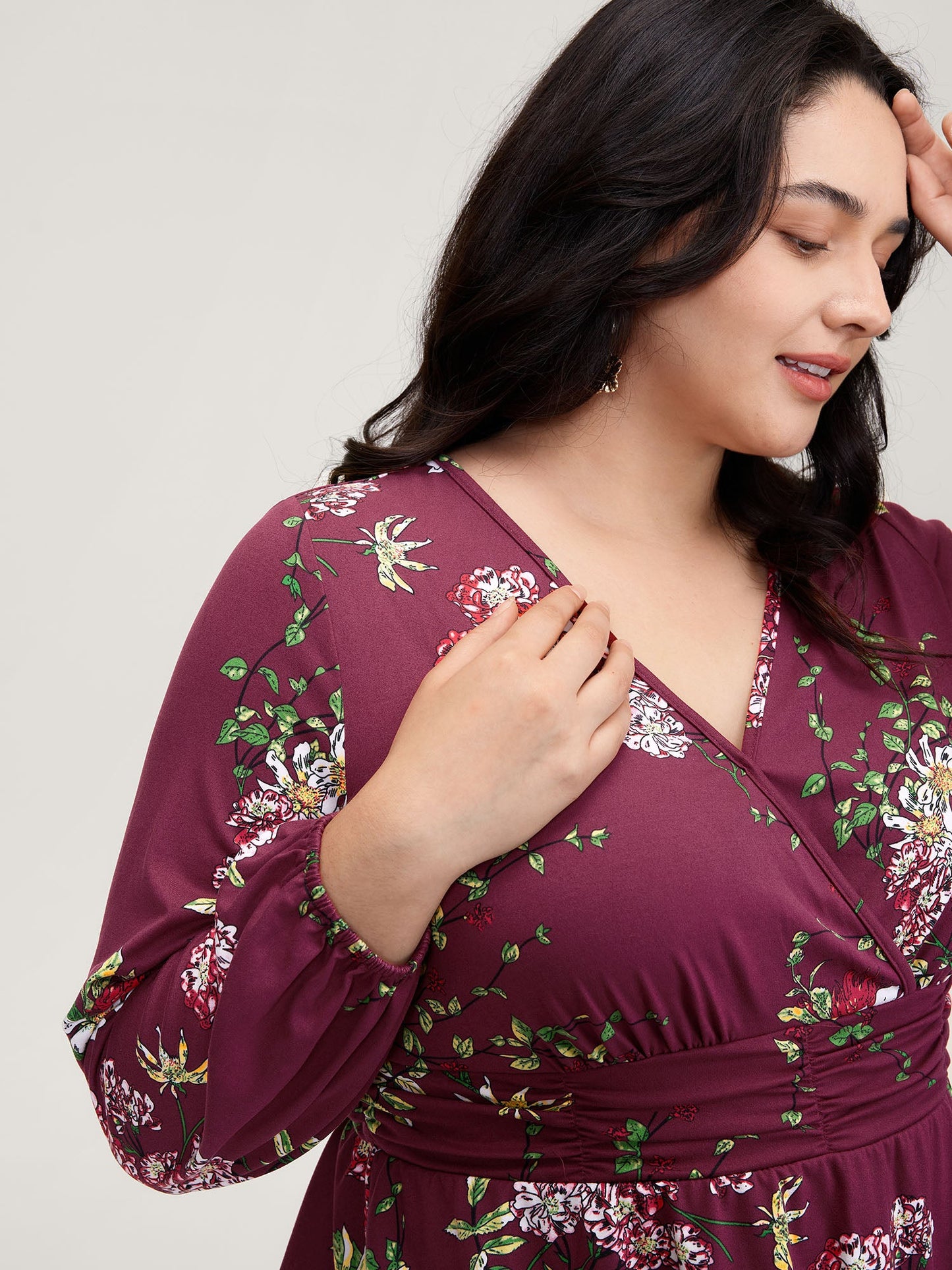 Floral Pleated Waist Stretchy Knit Top