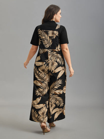 Tropical Leaf Print Overall Straps Jumpsuit