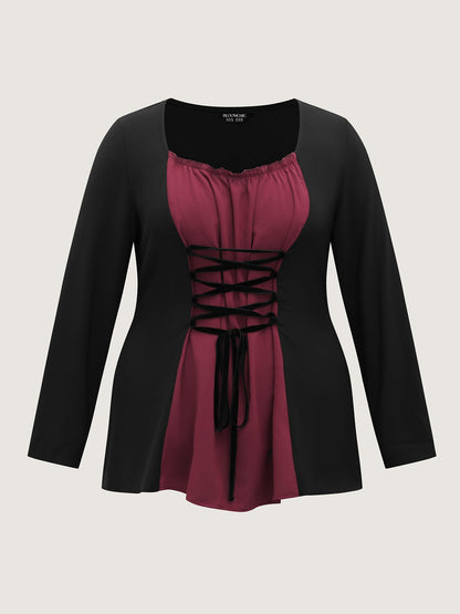 Color Contrast Cinched-Waist Knit Top