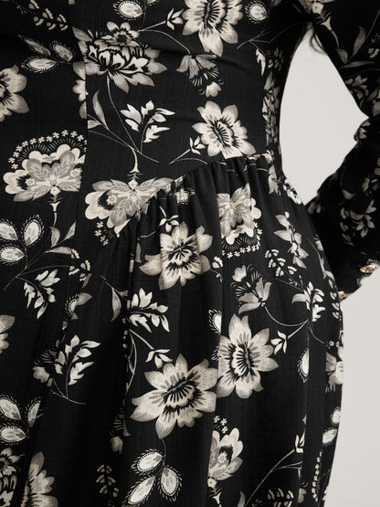 Floral Print Boat Neckline Midi Dress