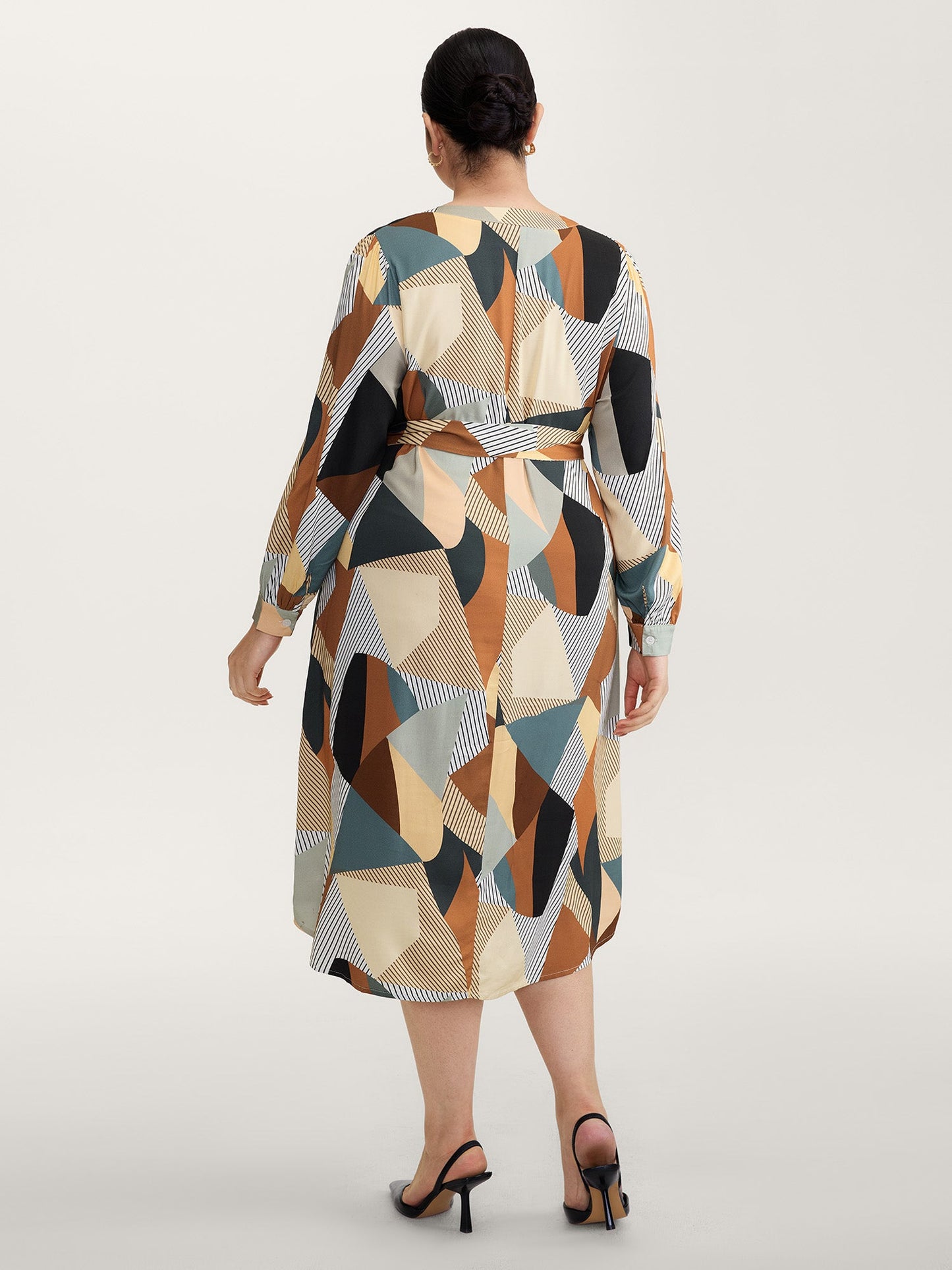 Geometric Print Contrast Tab Sleeve Midi Dress
