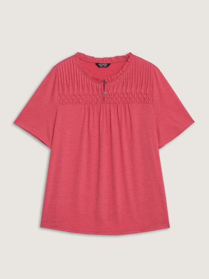 Stretchy Ruched Neckline Ruffled Neck T-Shirt