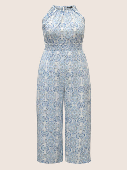 Halter Boho Print Shirred Gathered Jumpsuit