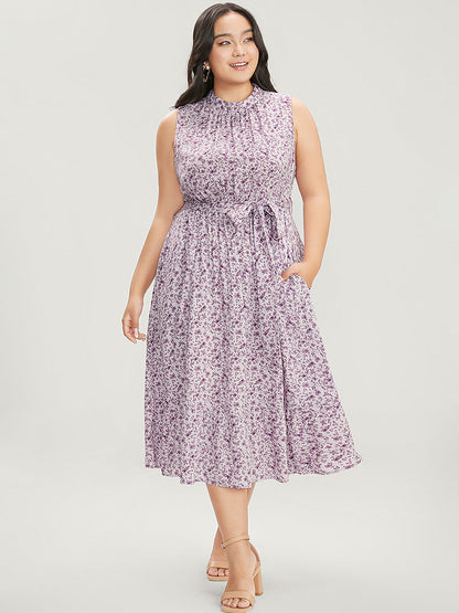 Ditsy Floral Keyhole Pocket Belted Mock Neck Ruffles Dress