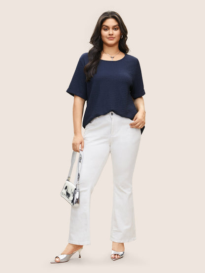 Plain Textured Crew Neck Cuffed Sleeve T-shirt
