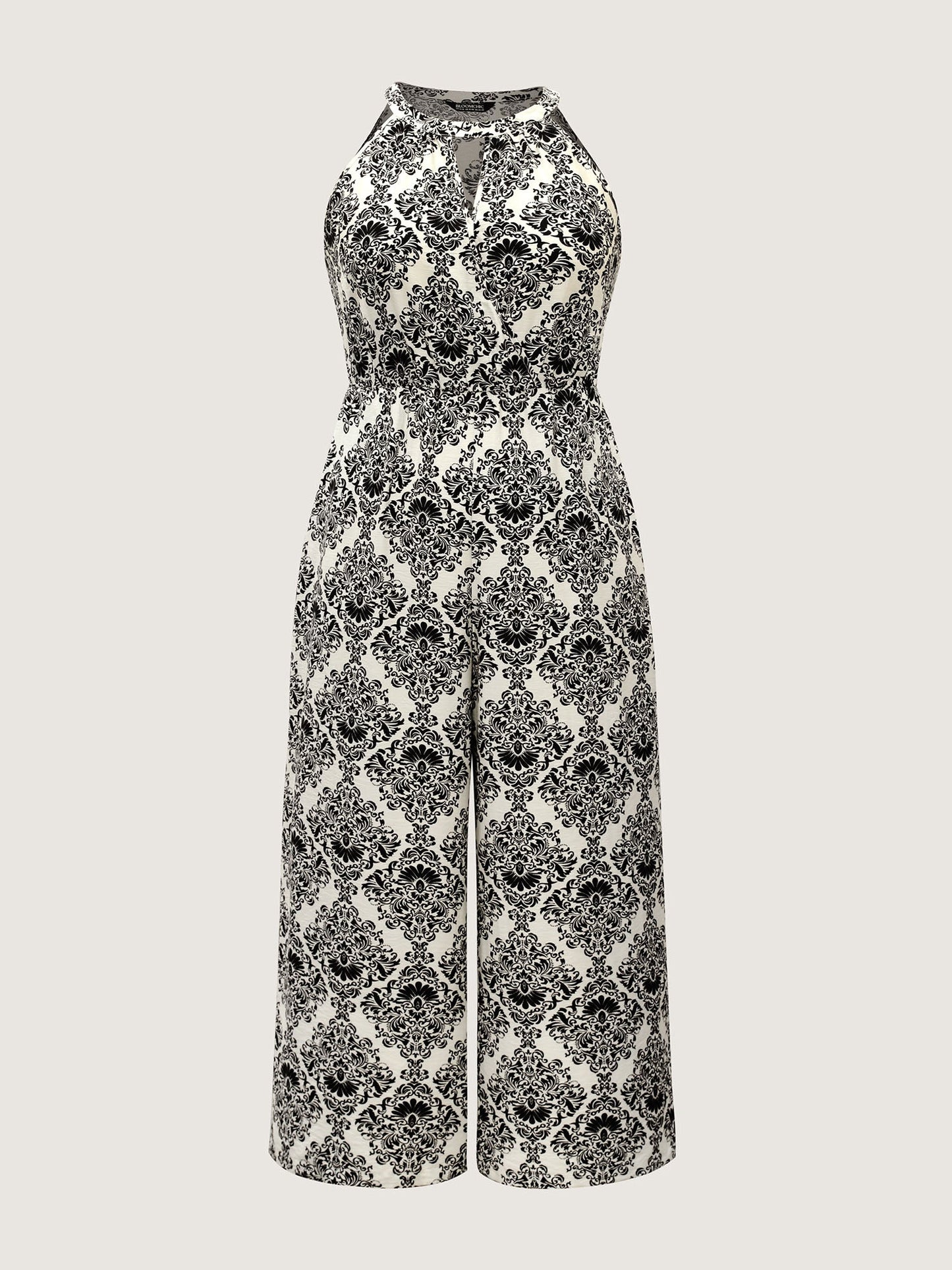 Keyhole Neck Damask Wide-Leg Jumpsuit