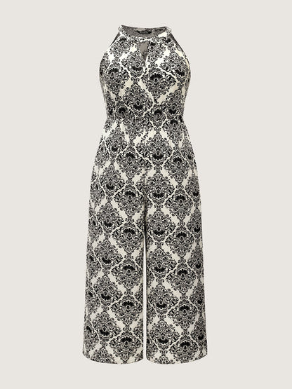 Keyhole Neck Damask Wide-Leg Jumpsuit
